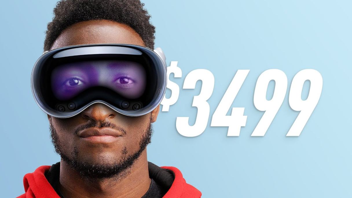 A portrait of man wearing apple vision pro headset. Headset's price written next to it