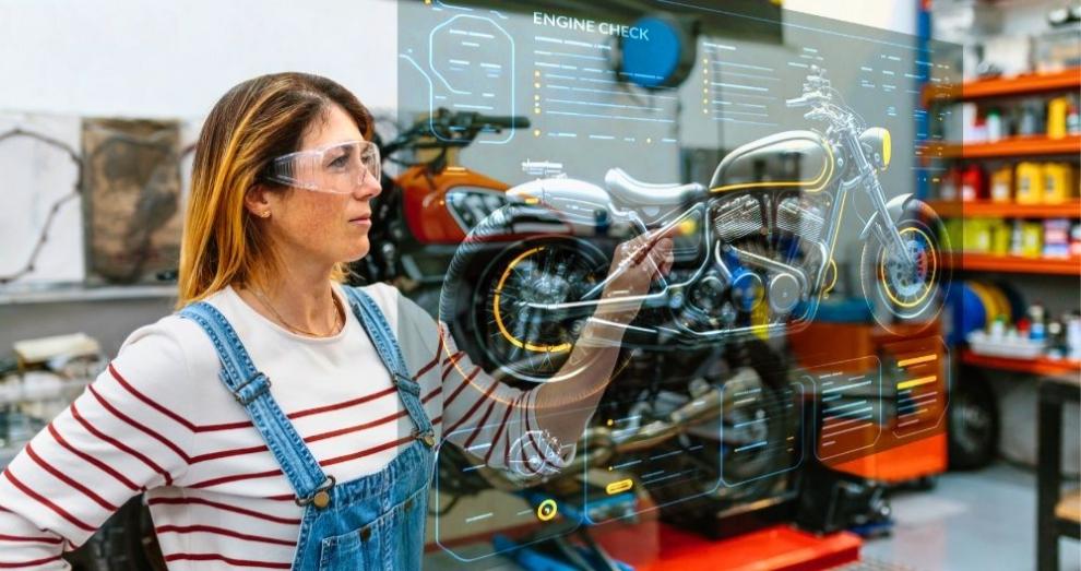 A woman wearing transparent glasses and working on a bike in metaverse.